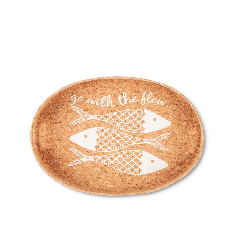 Assortiment de plateaux ovales en liège enveloppés de métal avec motifs de poissons sur plateau (ensemble de 2)