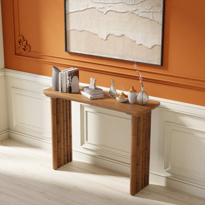 Bambos Solid Mango Wood Console Table with Fluted Bamboo Style Legs - Walnut Finish