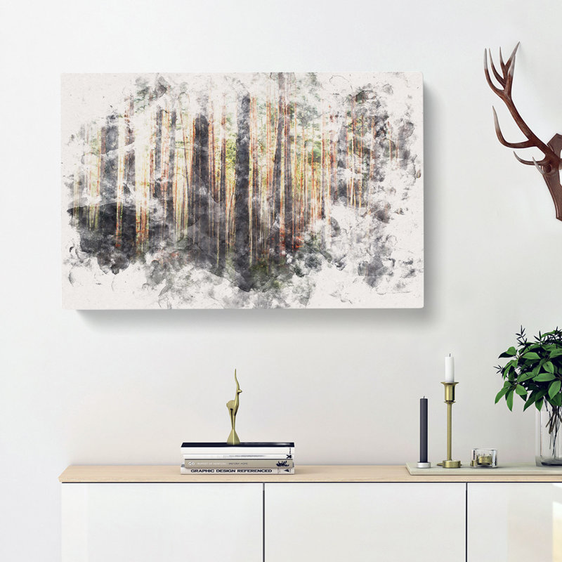 Pine Tree Forest In Spring Watercolour - Wrapped Canvas Print, 35cm H x 50cm W x 3cm D