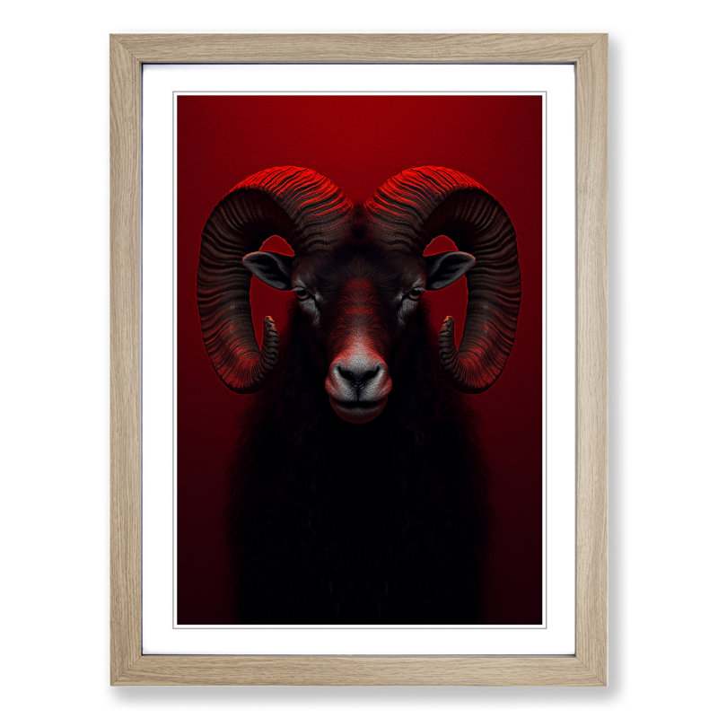 Ram Sheep Minimalism - Framed Print, 64cm H x 46cm W x 2cm D, Oak 