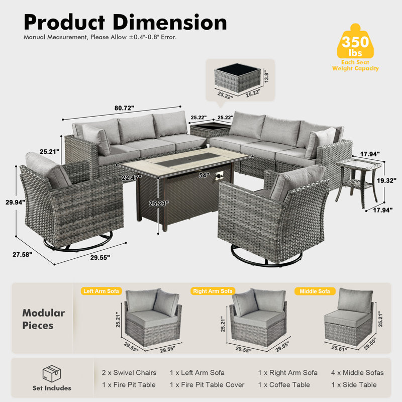 Ensemble de conversation pour patio 11 pièces avec canapé modulaire modulaire, chaises berçantes pivotantes et table foyer