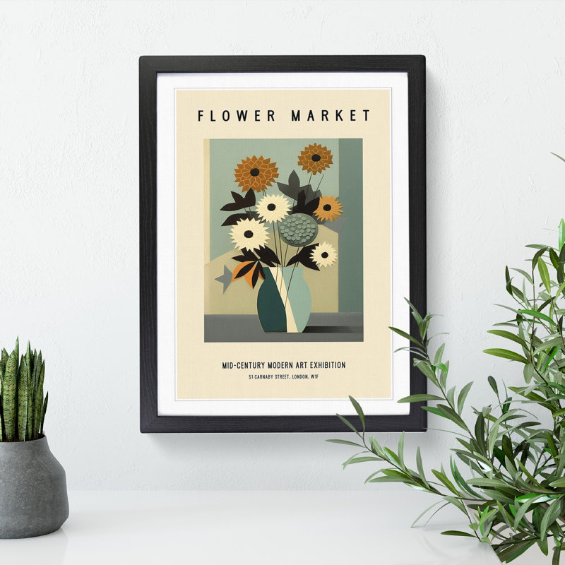 Mid Century Flower Market Exhibition No.5 - Single Picture Frame Print on Wood, 46cm H x 34cm W x 2cm D