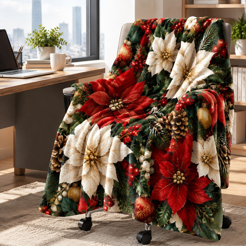 Festive Poinsettia Christmas Throw Blanket, Cozy & Decorative Plush Bed Blanket for Sofa Couch Bedroom Living Room Holiday Home Decor