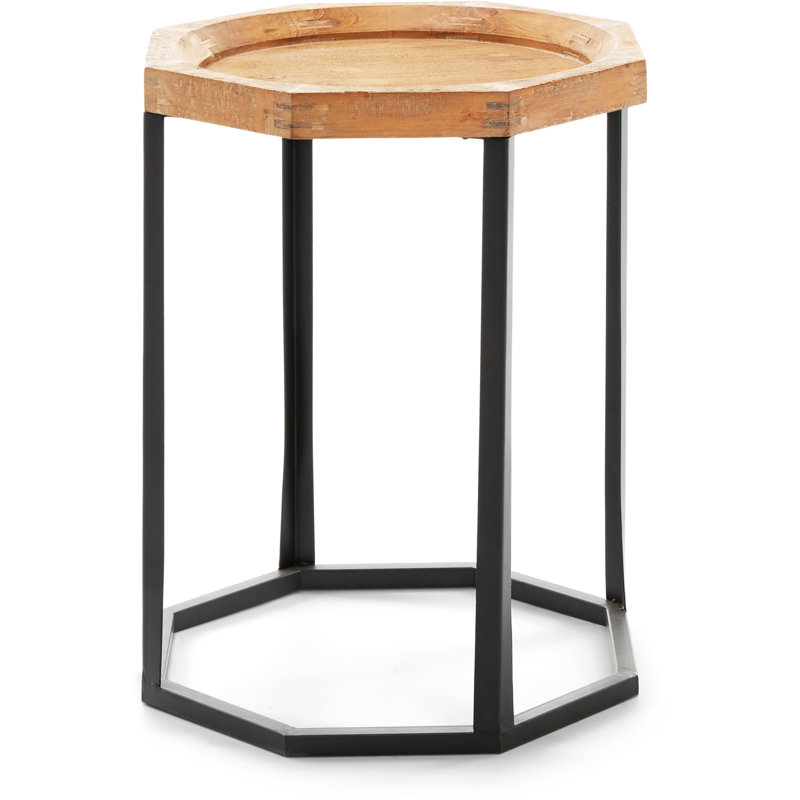 Finch Grayson Wood and Metal Side Table with Curved Black Base and Natural Wood Top