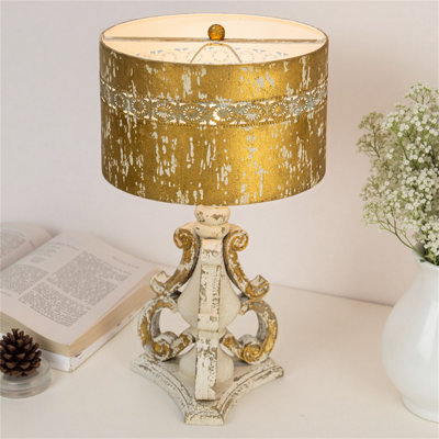 Rustic Vintage Table Lamp With Distressed Finish, 24.80" Tall, Gold And White Home Decor Light