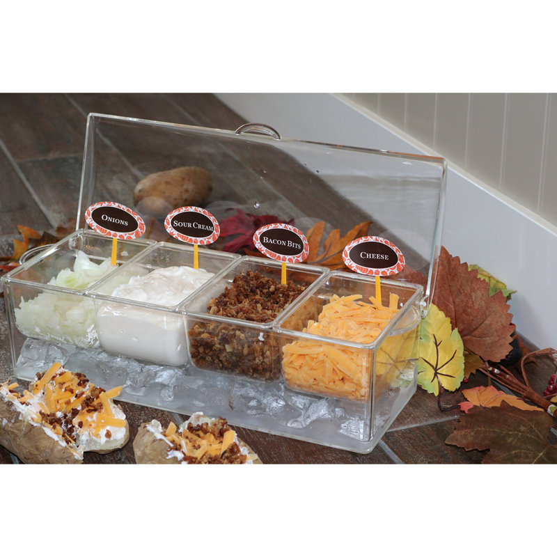 Large Clear Condiment Server Organizer On Ice With Containers And Lid – BPA-Free Serving Bar Compartments And Plastic Box Tray – Chilled Caddy Dispenser Set - Holds 80 Oz Total