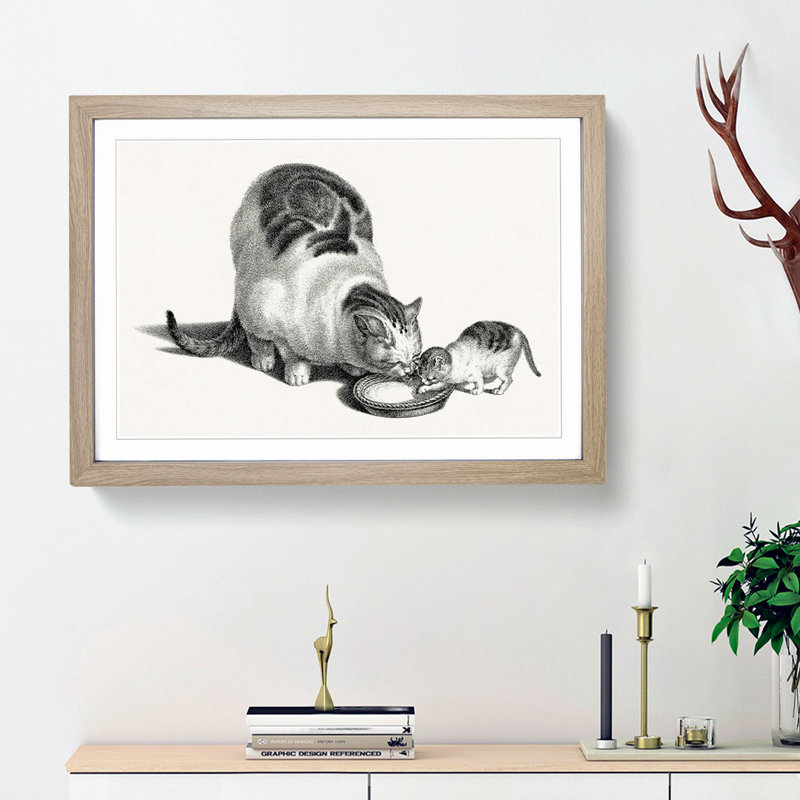 Cat & Kitten Drinking by Gottfried Mind - Picture Frame Graphic Art Print, 36cm H x 48cm W x 2cm D, Oak Framed