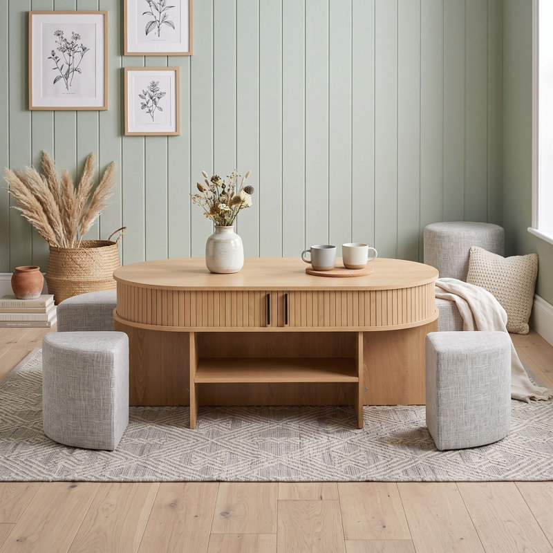 Table basse ovale avec tablettes ouvertes, rangement caché à lattes et 4 tabourets courbés rembourrés