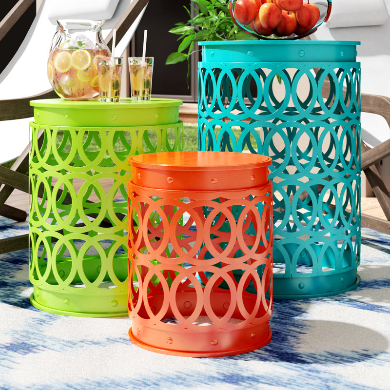 Multi Colored Metal Indoor Outdoor Nesting Accent Table with Carved Trellis Design 3 - Pieces, Blue/Green/Orange