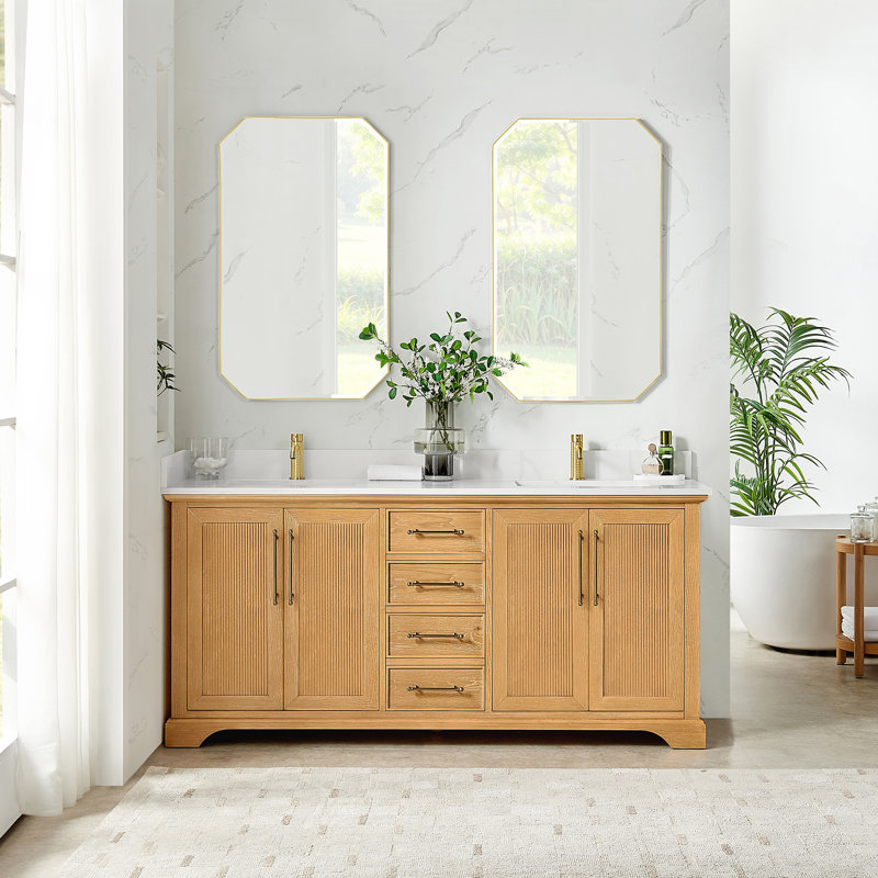 Epworth 72" Double Bath Vanity in Oak Natural Brown with Silk White Quartz Stone Top, Oak Natural Brown