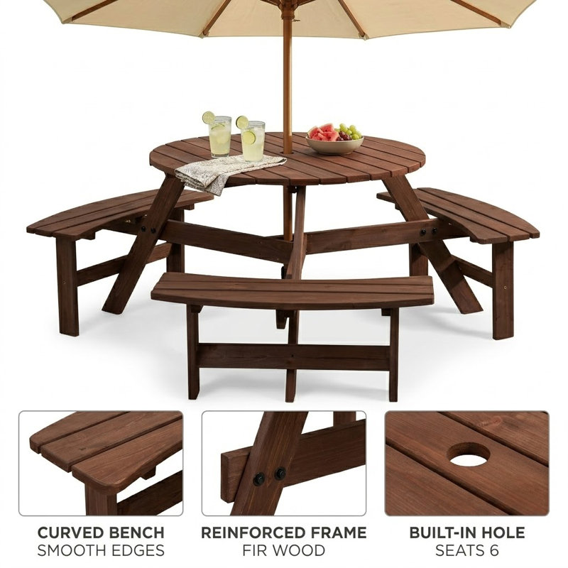 Anamur 66.9'' Outdoor Picnic Table with 3 Integrated Benches, Round Outdoor Table with Umbrella Hole, Brown