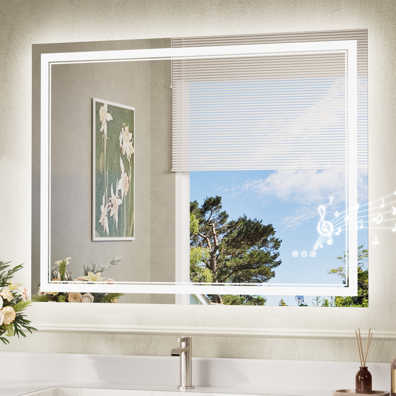 Miroir de salle de bain Bluetooth à DEL à éclairage avant et rétroéclairé, 3 couleurs de température et intensité variable, miroir de coiffeuse en verre trempé