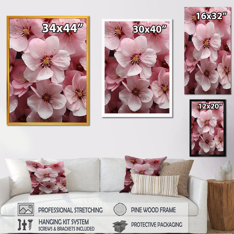 Fleur de cerisier rose - art mural cerise, H 44 po x l 34 po x P 1,5 po, Cadre simple noir