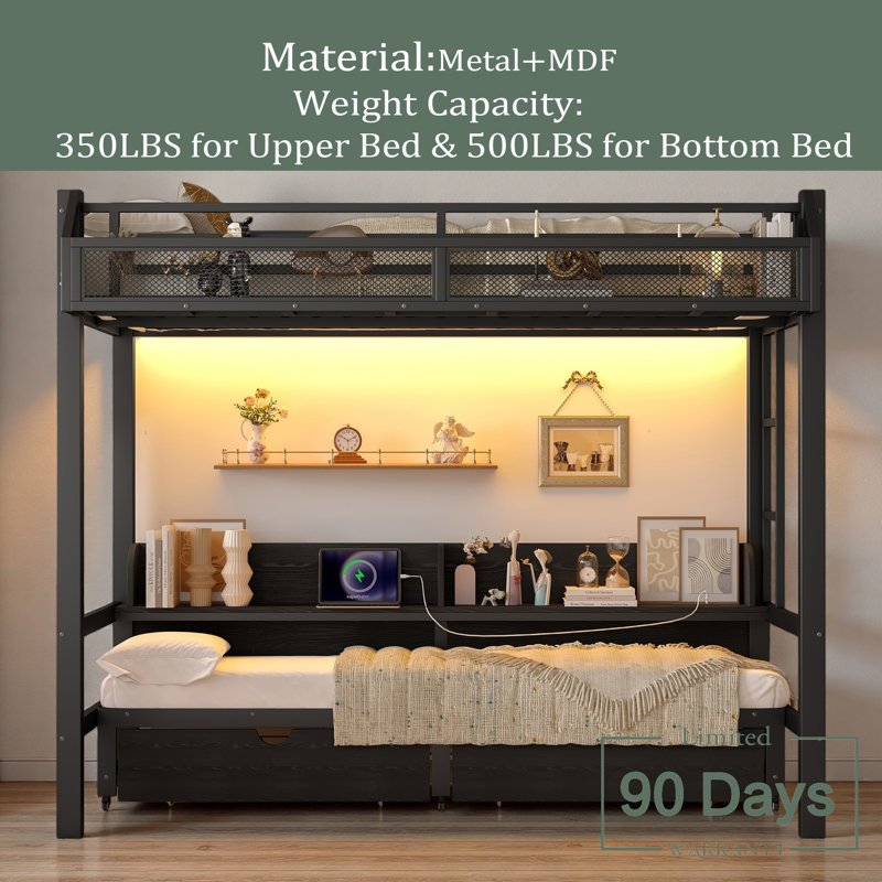 Twin XL Over Twin XL Bunk Bed With Storage Shelves And Drawers,Multifunctional Metal Bunk Beds With USB Ports And LED Lights, Lower Bed That Can Be Converted Into A Sofa