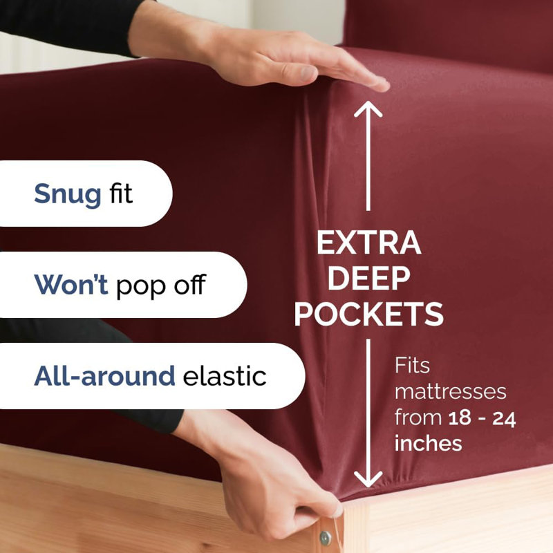 Extra Deep Pocket Sheet Set, Cooling & Breathable Bed Sheets, Soft Hotel Luxury Bedding, Fits 18–24 Inch Mattress, Burgundy