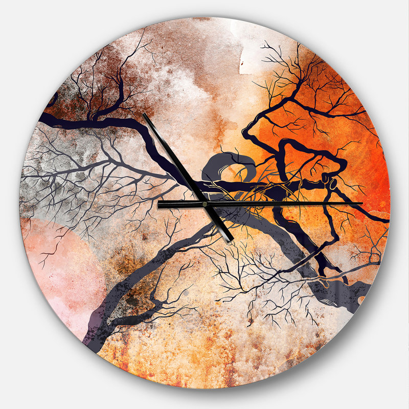 Arbres surréalistes avec soleil rouge - horloge murale moderne, Moyen