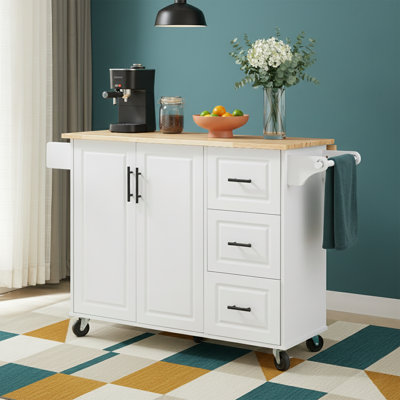 54" W Farmhouse Rolling Kitchen Island With Drop Leaf Rubberwood Top, Barn Door Design by Ophelia & Co.
