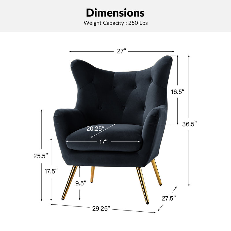 Fauteuil à oreilles 29,25 po Avianna, Velours noir