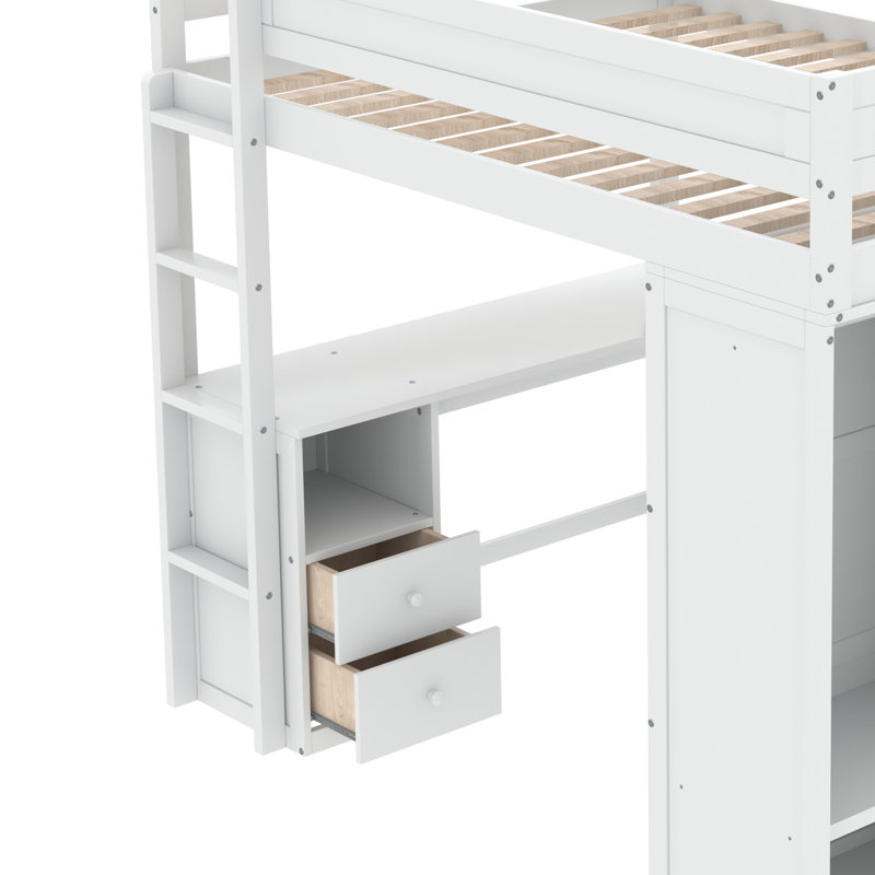 Lit mezzanine double avec tiroirs Hason Kids, Blanc
