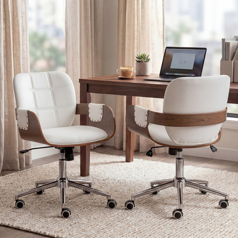 Ryonie Faux Leather Upholstered Swivel Office Chair, Beige