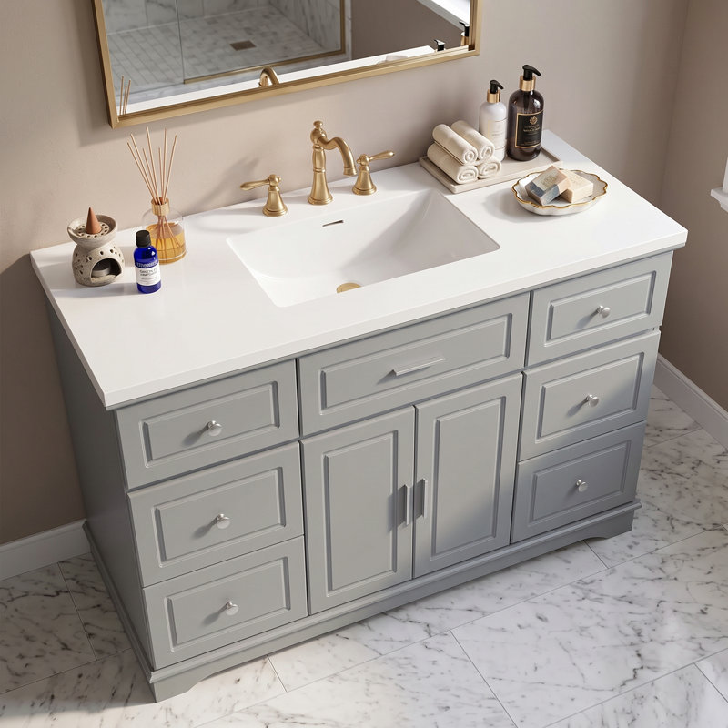 Meuble-lavabo simple de 122 cm (48 po) avec comptoir en surface solide intégré, armoire de rangement à 7 tiroirs, portes à fermeture amortie, style traditionnel autoportant