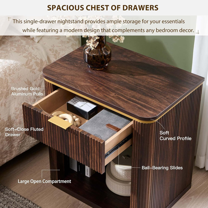 Fluted Nightstand With Drawer, Mid Century Modern Night Stand With Metal Handle, Dark Walnut