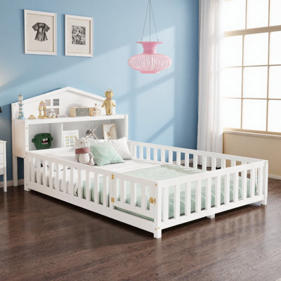 Full Size Montessori Floor Bed with Bookcases, Chalkboard & Safety Rails – Wood Platform Bed for Kids and Teens