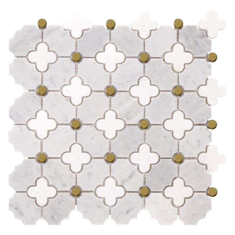 Carreau de mosaïque poli à quatre feuilles en marbre de Carrare blanc et Thassos, Blanc