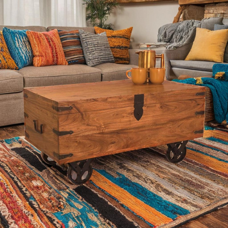 Asaph Solid Acacia wood Trunk Coffee table on Wheels