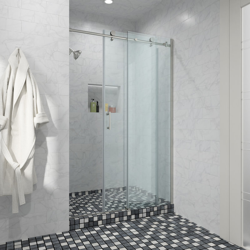 48'' - W x 76'' H Single Sliding Door Frameless Shower Door with, Brushed Silver