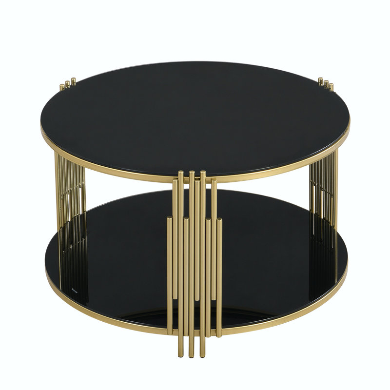 Modern Mirror Coffee Table, Asymmetrical Metal, Circular Metal Drum Base, Finish & Lower Shelf