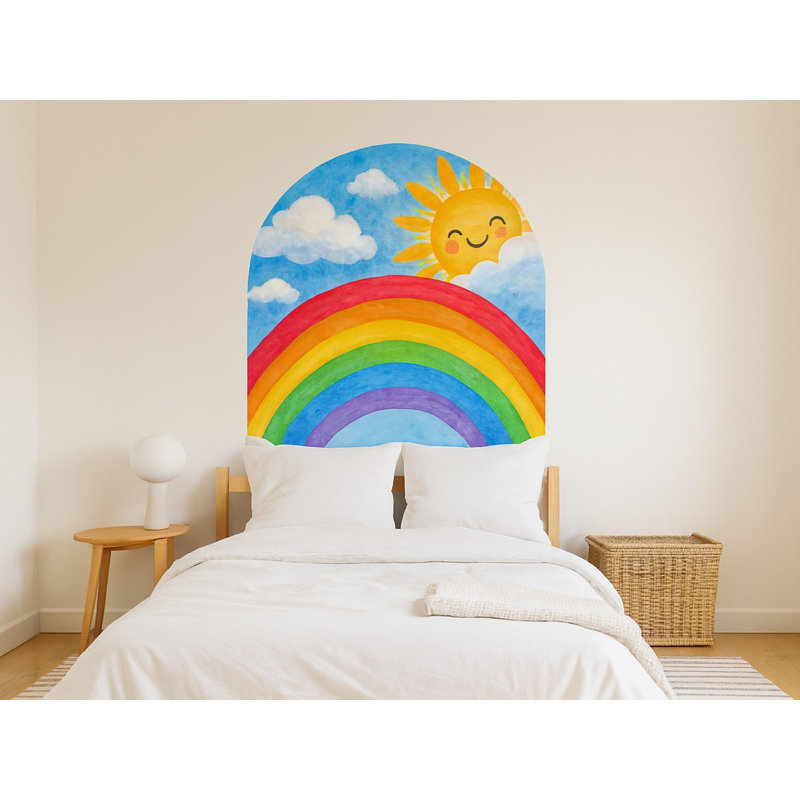 Rainbow Headboard Wall Decal, Peel and Stick Arch with Clouds and Smiling Sun, Die-Cut Satin Finish Kids Bedroom and Nursery Wall Art, Toddler bed 30"W x 45"H (76 x 114 cm)