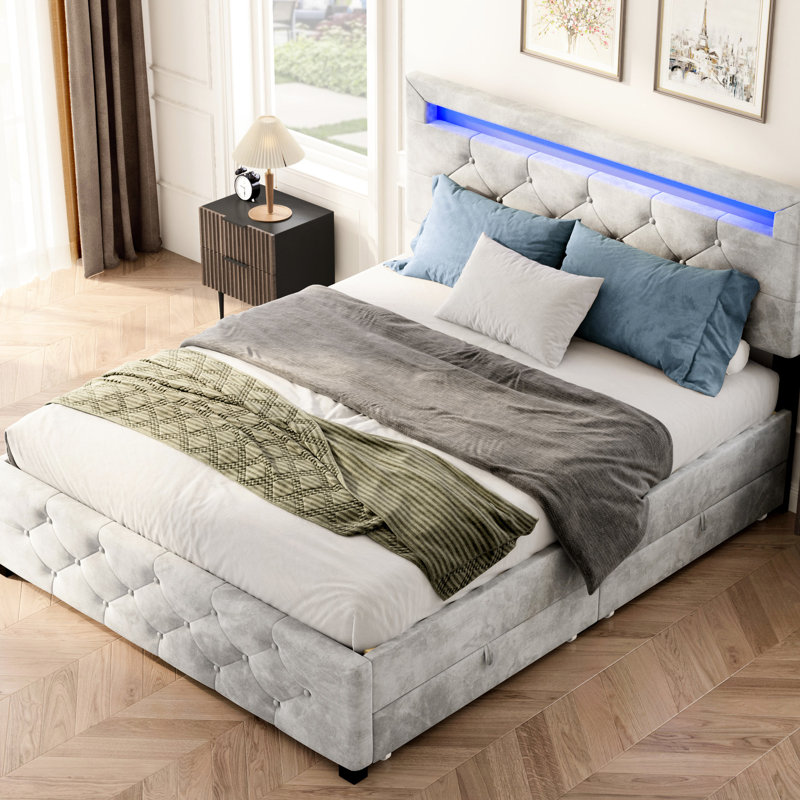 Structure de lit plateforme double avec 4 tiroirs et DEL, sans sommier tapissier, revêtement en velours gris, métal robuste, revêtement de chambre à coucher non requis, velours