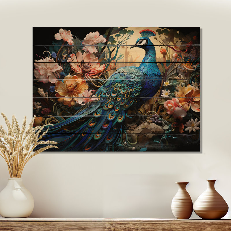 Reproduction murale sarcelle paon I sur bois, H 10 po x l 20 po x P 0,78 po