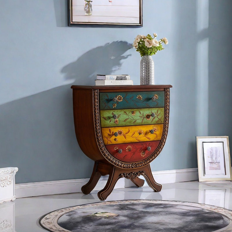Armoire à 4 tiroirs peinte à la main avec motif sculpté