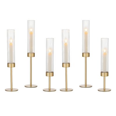 Set of 6 Gold Hurricane Candle Holders with Ribbed Glass Sleeves - Tall Taper Candlestick Centerpiece for Wedding & Home Decor