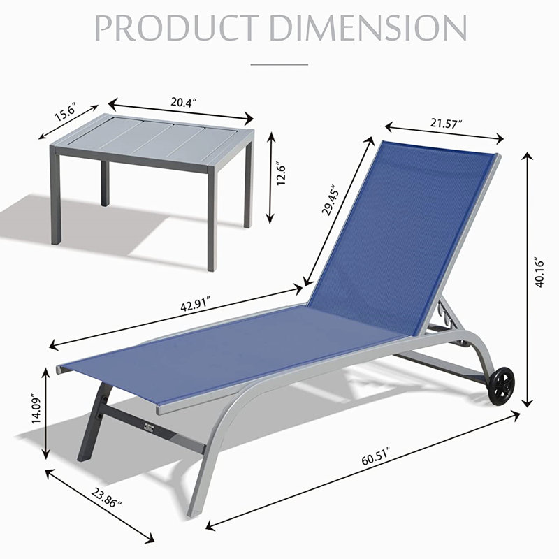 Chaise longue d'extérieur bleue - 5 positions réglables, aluminium, tissu, roues pour la mobilité, chaises de patio de piscine toutes saisons