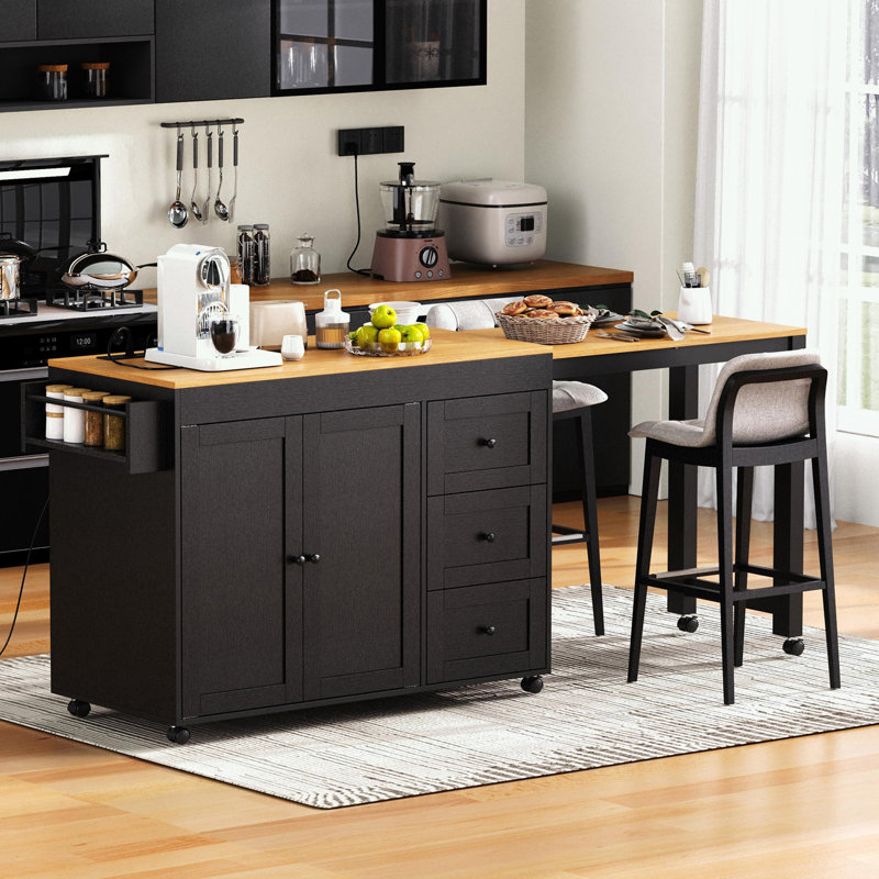 Îlot de cuisine avec table de salle à manger extensible, 3 tiroirs et prise de courant, Noir