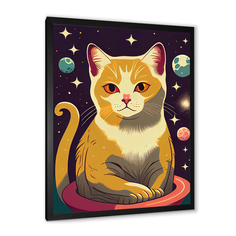 Dessin d'un joli chat jaune dans l'espace - reproduction sur toile, L 16 po x H 32 po, Impression noire sur toile encadrée