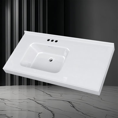 43 Inch Solid Surface Bathroom Vanity Top with Left Side Integrated Sink, 3" Thick Countertop, Raised Edge & 1.38" Backsplash, Waterproof & Easy Install
