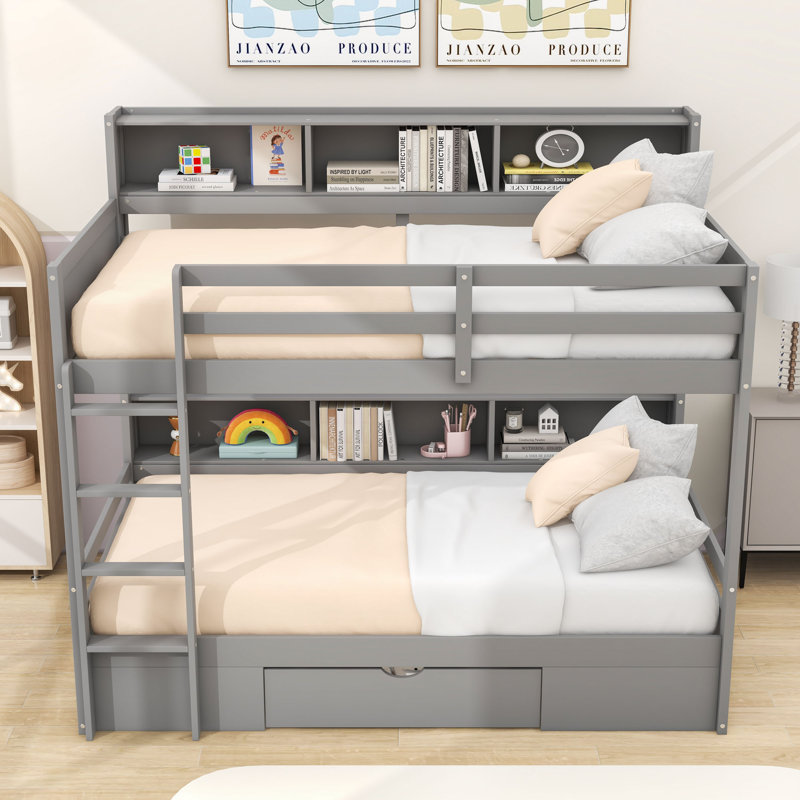 Lit superposé simple au-dessus d'un lit simple en bois avec tiroir de rangement intégré et tablettes robustes, Gris