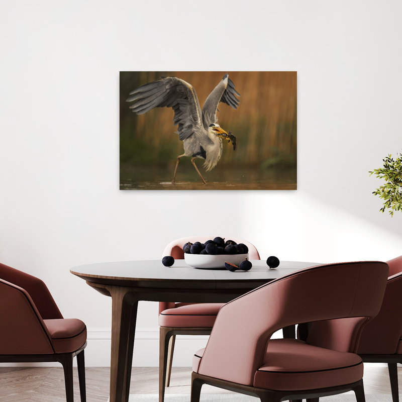 Grey Heron Catches Crab Dramatic Elegant Contemporary Bird Crab Fish Nature Wildlife Wall Art Print 1 Piece Wrapped Canvas Wall Art