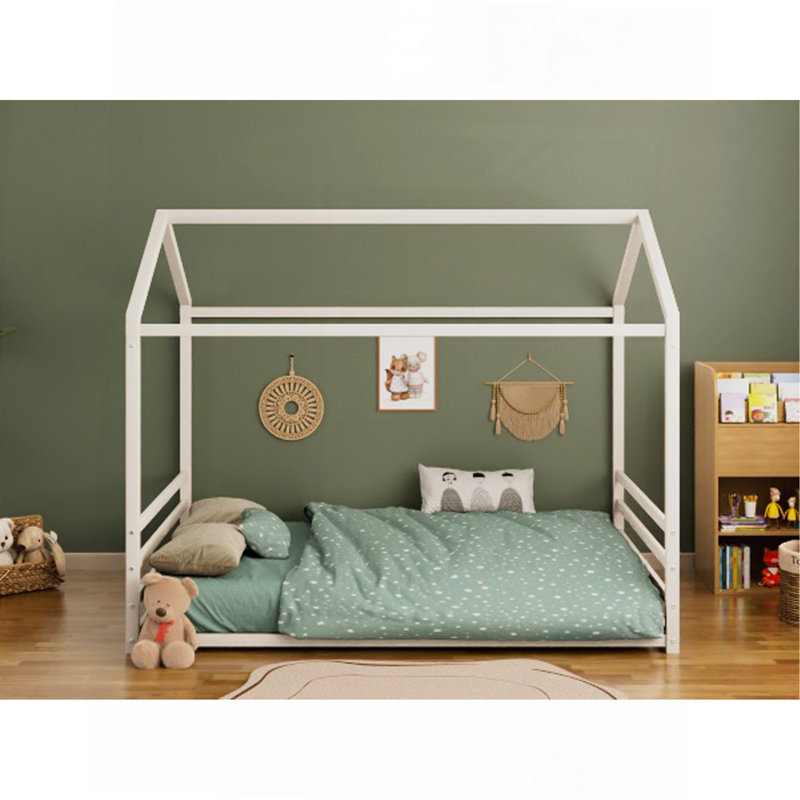 Structure de lit double en métal Montessori, lit en forme de maison avec garde-corps pour enfants et tout-petits, assemblage facile, sans lattes, blanc