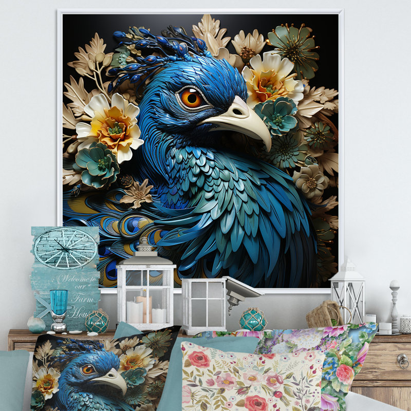 Majestic Flowerful Peacocks Harmony sur toile, Cadre photo argenté, H 36 po x l 36 po