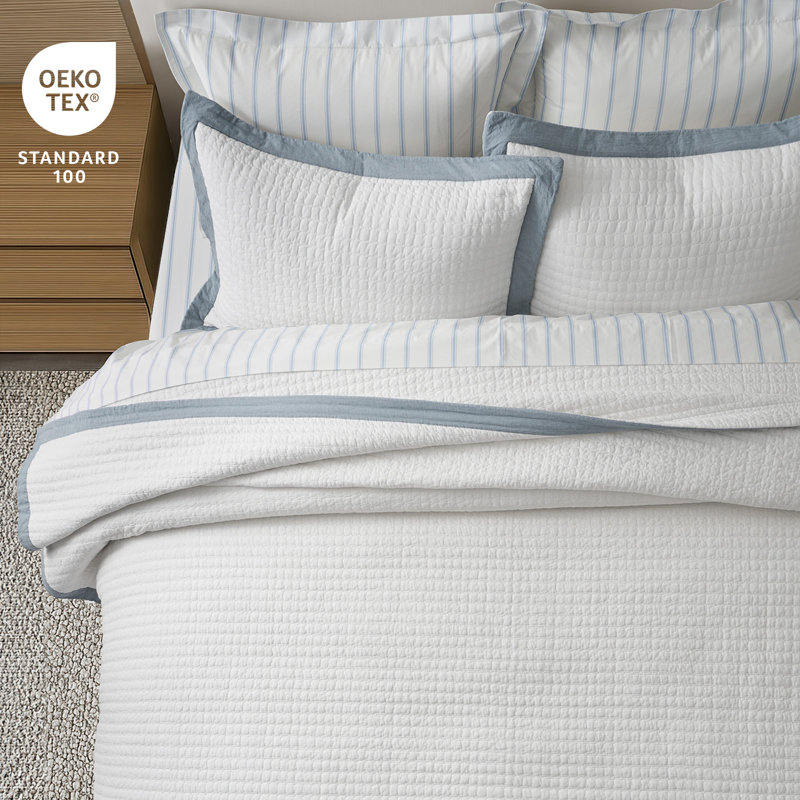 Border Frame Cotton Pick-Stitch Channel Quilt Set, Blue Linen, King Quilt + 2 King Shams