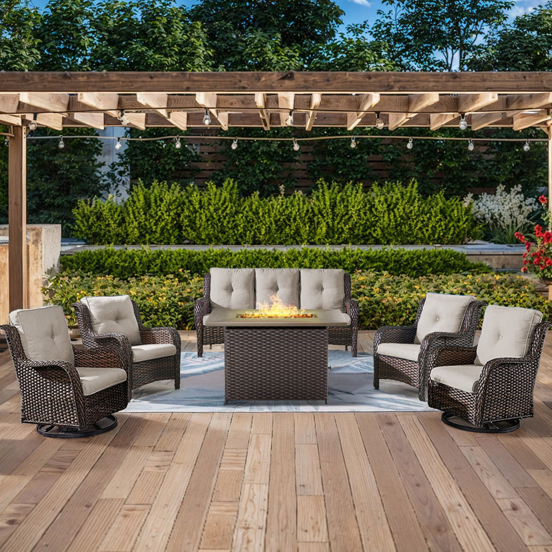 Ensemble de conversation pour patio en osier avec foyer d'extérieur et coussins 6 pièces Deb, Beige, Brun
