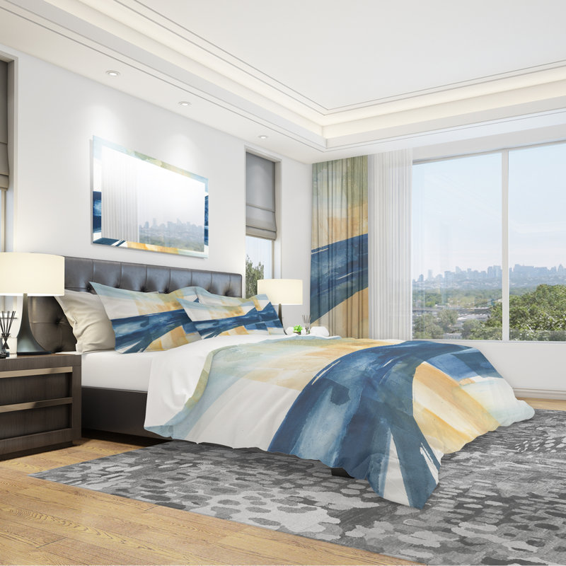 Indigo Panel III - Glam Modern Duvet Cover Set - Microfiber Polyester, Twin Duvet Cover + 1 Sham