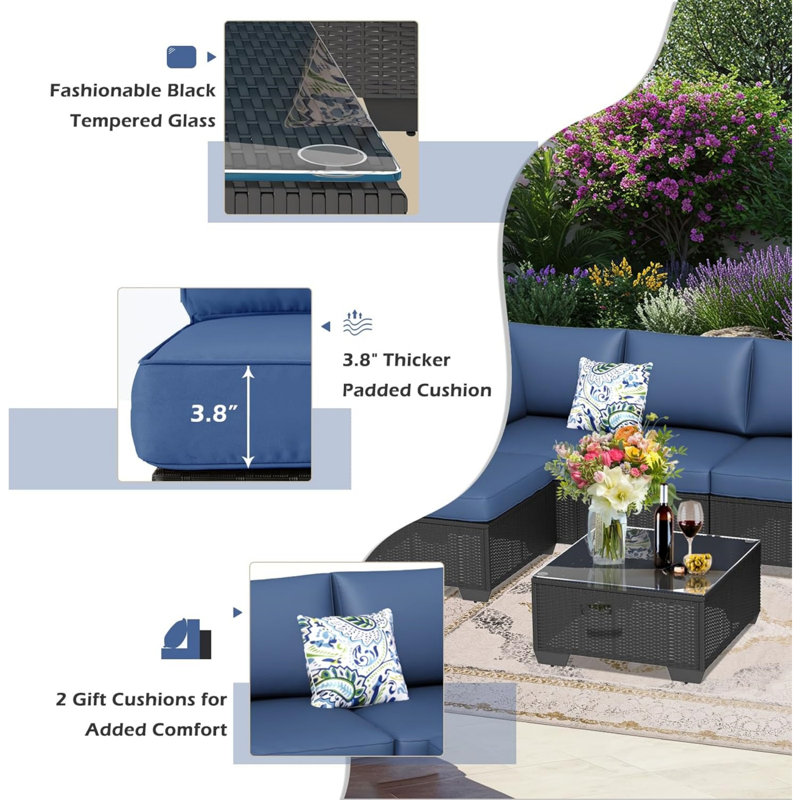 8-Piece Outdoor Pe Rattan Patio Furniture Set, 30" Fire Pit Table,, Dark Blue