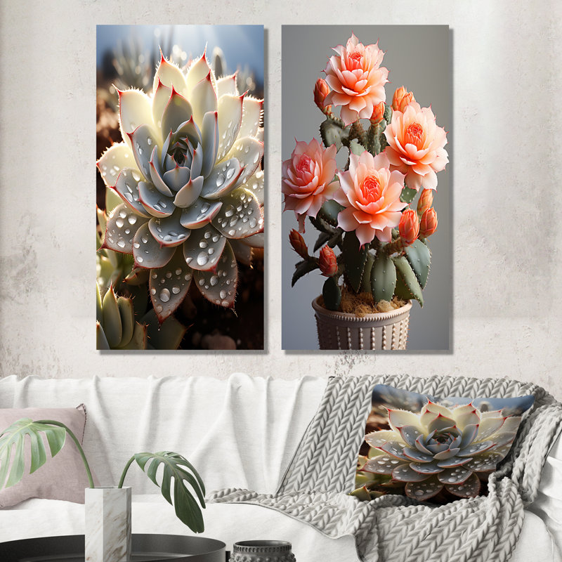 Cactus pêche piquants - ensemble de salon Cactus Wall Art of 2, H 28 po x l 25 po, Toile tendue