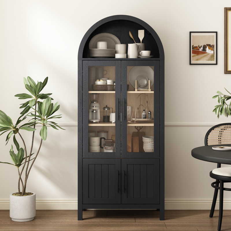 Bibliothèque arquée 71 "avec portes en verre - Vitrine polyvalente et armoire de rangement pour garde-manger, Noir